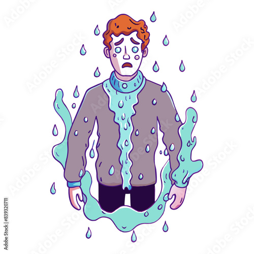 a man suffering from hydrophobia,  (white background)