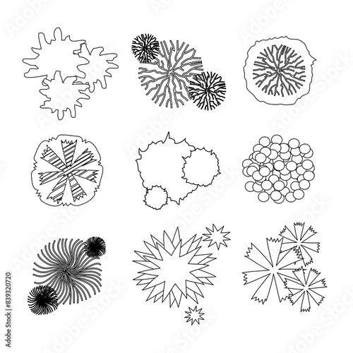 Ensemble d'Icones Arbres pour Plans de Jardins en Noir et Blanc - Illustration Vecteur
