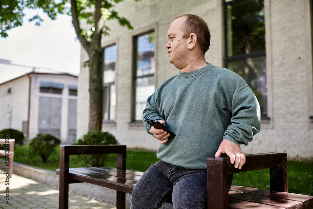 Fototapeta premium A man with inclusivity sits on a bench, holding a phone, in front of a building.
