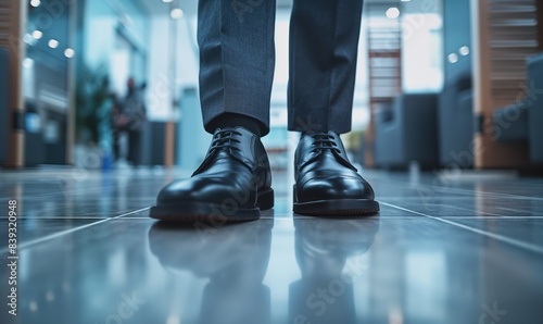 Executive Footsteps in the Corporate Hallway. Business Steps, Modern Office Walk in Stylish Shoes. Professional in Motion, Low Angle View of Walking Businessman.