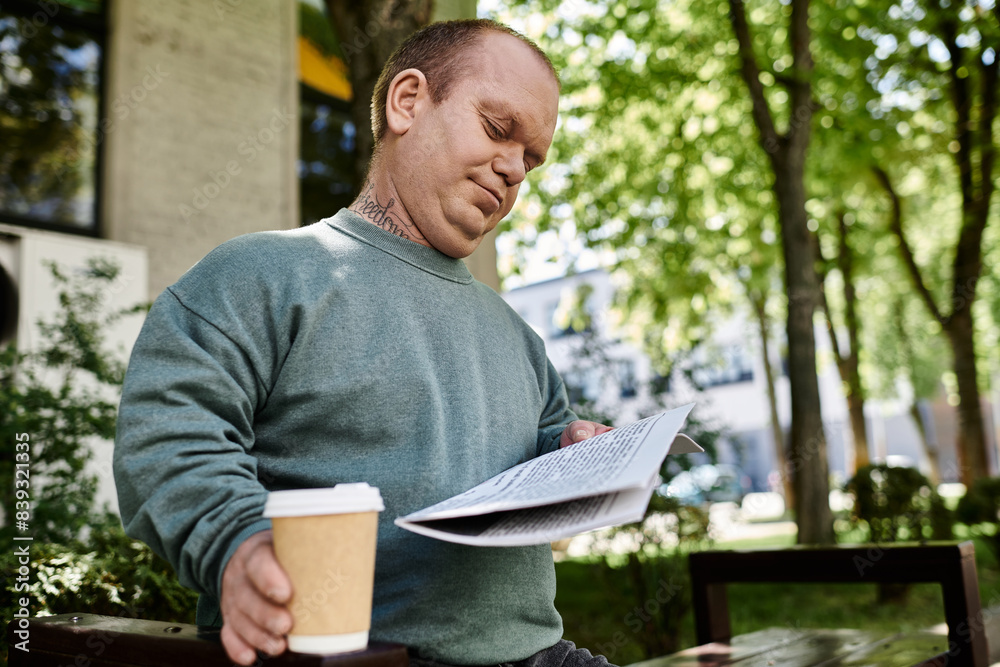 Fototapeta premium A man with inclusivity sits outdoors on a bench, reading a newspaper and enjoying a cup of coffee.