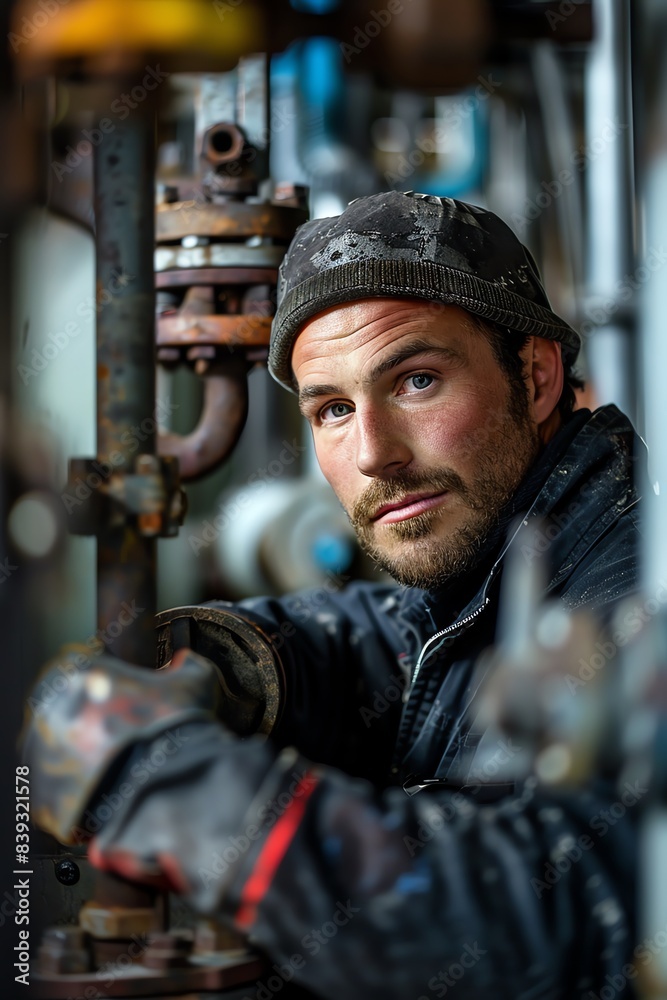 Engineer inspecting machinery, industrial setting, focused expression Engineer inspecting machinery, industrial setting, focused expression