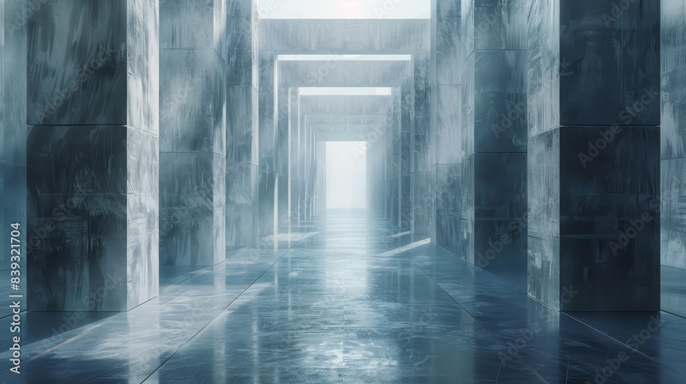 A long, narrow hallway with a large, open doorway A long, narrow hallway with a large, open doorway