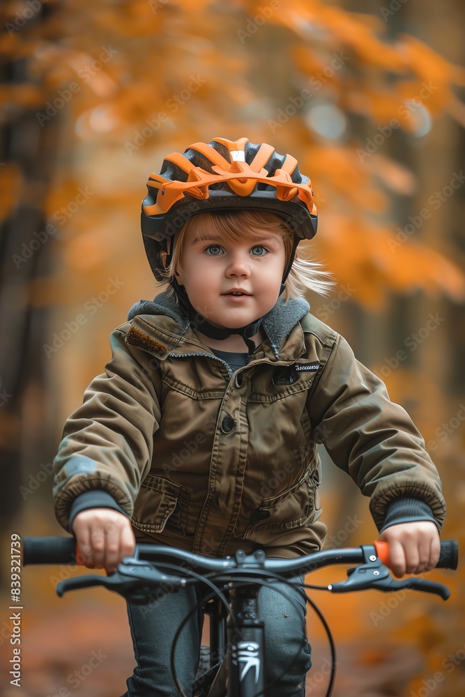 Naklejka premium Happy child riding a bike with an orange helmet, autumn forest background