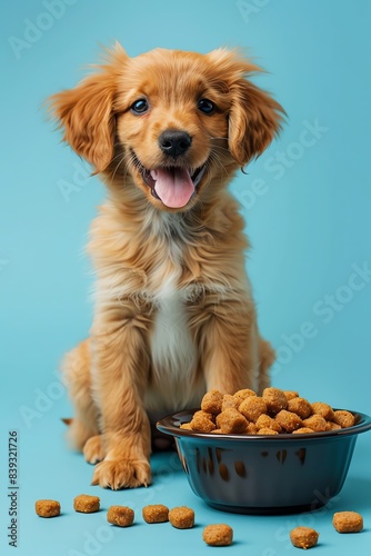 Happy puppy sitting beside a bowl of food  blue background  wideangle view