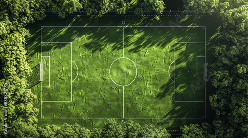 Stylized top-down illustration of a soccer field with neatly marked boundaries and lush green turf, creating a dynamic visual photo