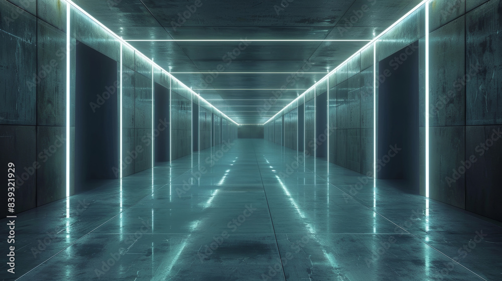 A long, dark hallway with neon lights shining down on the floor A long, dark hallway with neon lights shining down on the floor