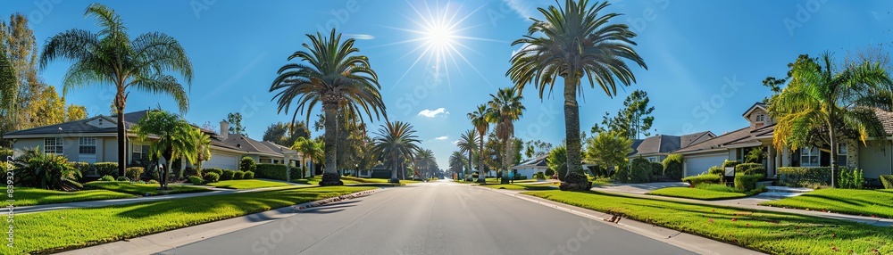 Palmlined street with neatly trimmed lawns, sunny afternoon, clear sky Palmlined street with neatly trimmed lawns, sunny afternoon, clear sky