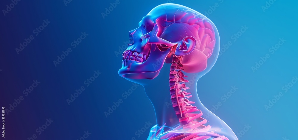 3d X-ray medical illustration of human head and neck, blue background ...