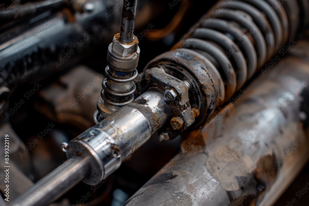 Close-Up Replacement of Worn Out Shock Absorber Component in a Vehicle Repair Workshop Close-Up Replacement of Worn Out Shock Absorber Component in a Vehicle Repair Workshop