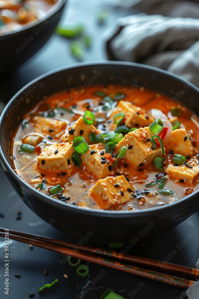 Spicy tofu soup in black bowl, garnished with green onions, chopsticks on side Spicy tofu soup in black bowl, garnished with green onions, chopsticks on side