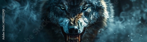 Snarling wolf in moonlit night, intense closeup, dark atmosphere