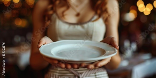 Waiter in Checkered Apron Holding an Empty White Plate in a Restaurant