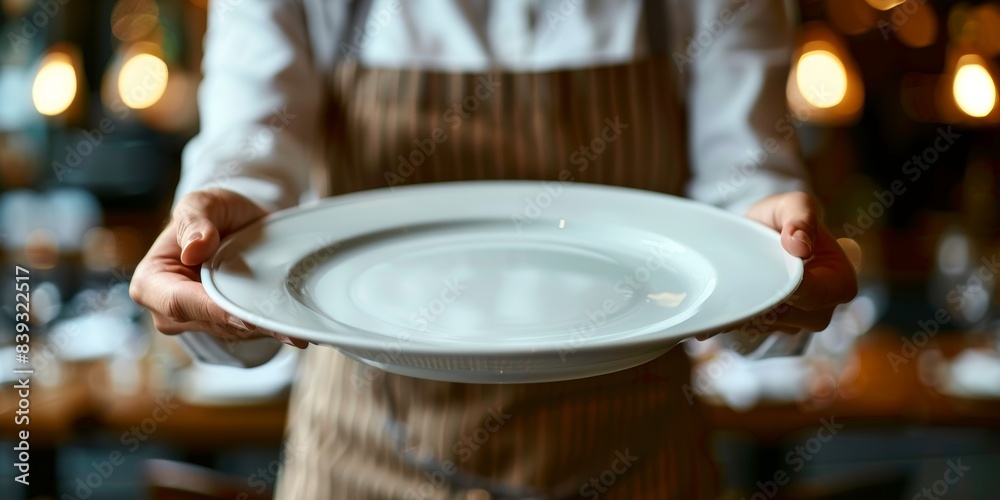 Waiter in Checkered Apron Holding an Empty White Plate in a Restaurant Waiter in Checkered Apron Holding an Empty White Plate in a Restaurant