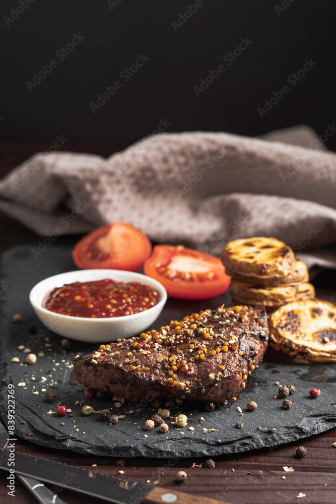 Roasted pork steak on black stone board over dark background. With tomato, sauce and fried potato Roasted pork steak on black stone board over dark background. With tomato, sauce and fried potato