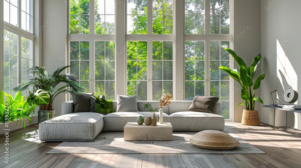 Cozy Modern Living Room with Large Windows and Indoor Plants
Cozy Modern Living Room with Large Windows and Indoor Plants