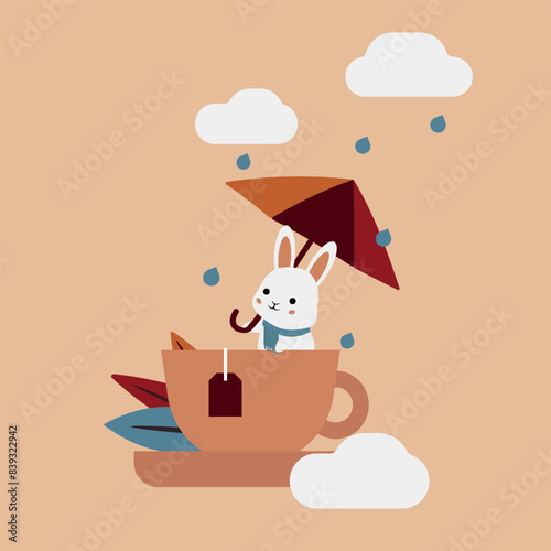 A cute bunny sits in a teacup under an umbrella with raindrops falling, creating a cozy autumn scene