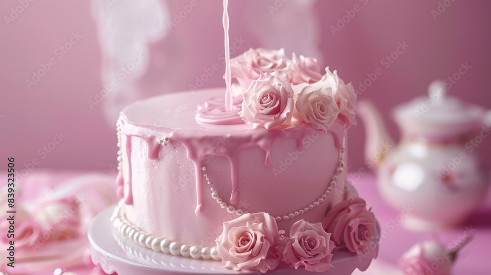 A pastel pink birthday cake with roses and pearls, in front of a soft pink background being poured to create a romantic and delicate scene. A pastel pink birthday cake with roses and pearls, in front of a soft pink background being poured to create a romantic and delicate scene.