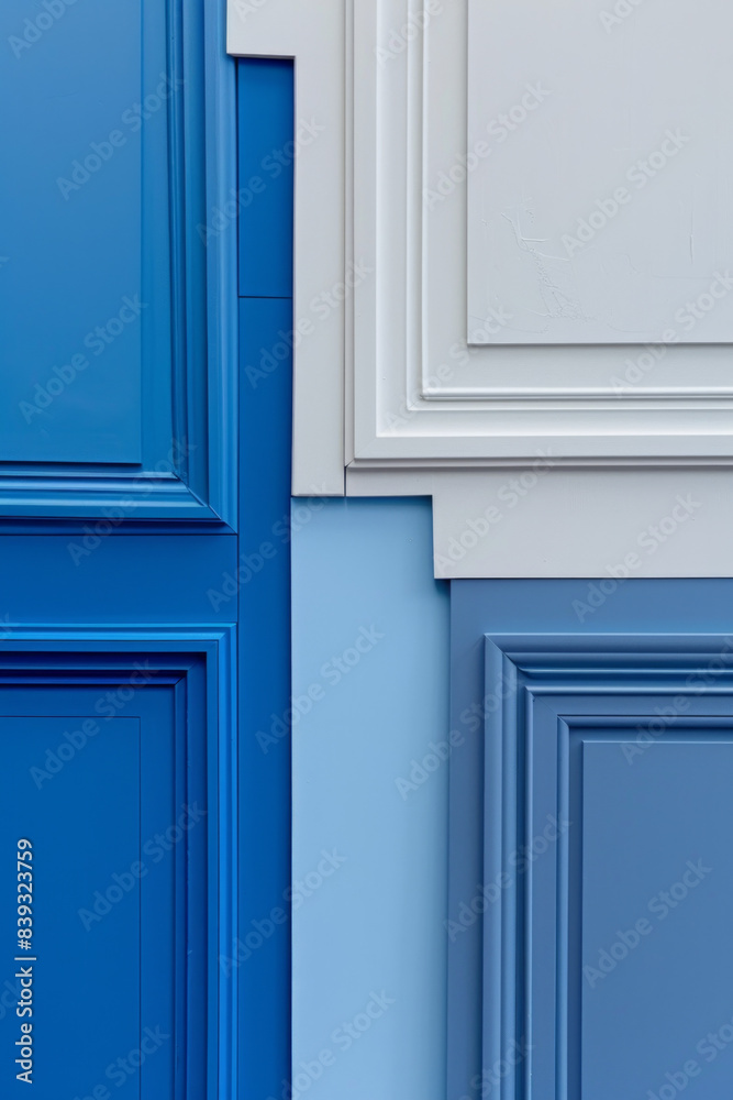 Several minimalist doors, partially overlapping, in varying shades of blue. The background is white, and the overlapping doors create an abstract pattern 