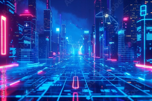 Wallpaper Mural 1.	Ultra HD Blue Cyberpunk Cityscape with Neon Lights Suitable for Application, Desktop, Banner Background, Print Backdrop, and Other Print and Digital Work Related. Torontodigital.ca
