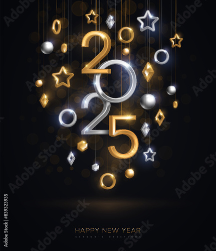 Christmas New Year banner with hanging gold and silver 3d baubles and 2025 numbers on black background. Vector illustration. Winter holiday poster, minimal geometric decor. Place for text.
