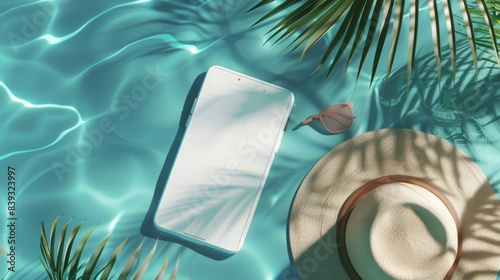 Phone, hat, and sunglasses by a tropical pool with green leaves and crystal-clear water.