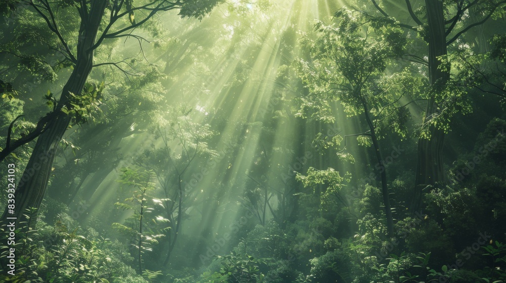 Obraz premium A lush green forest background with sunlight filtering through the trees, evoking a sense of tranquility and nature