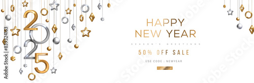 Christmas New Year banner with hanging gold and silver 3d baubles and 2025 numbers on white background. Vector illustration. Winter holiday poster, minimal geometric decorations. Place for text.
