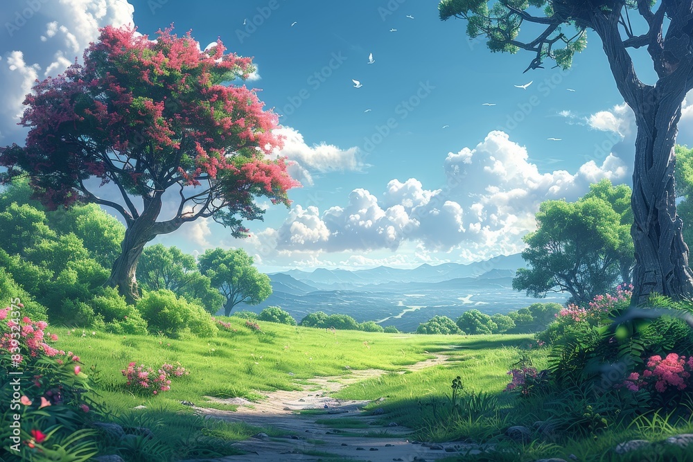 A picturesque digital landscape featuring a flowering tree and a serene mountain vista A picturesque digital landscape featuring a flowering tree and a serene mountain vista