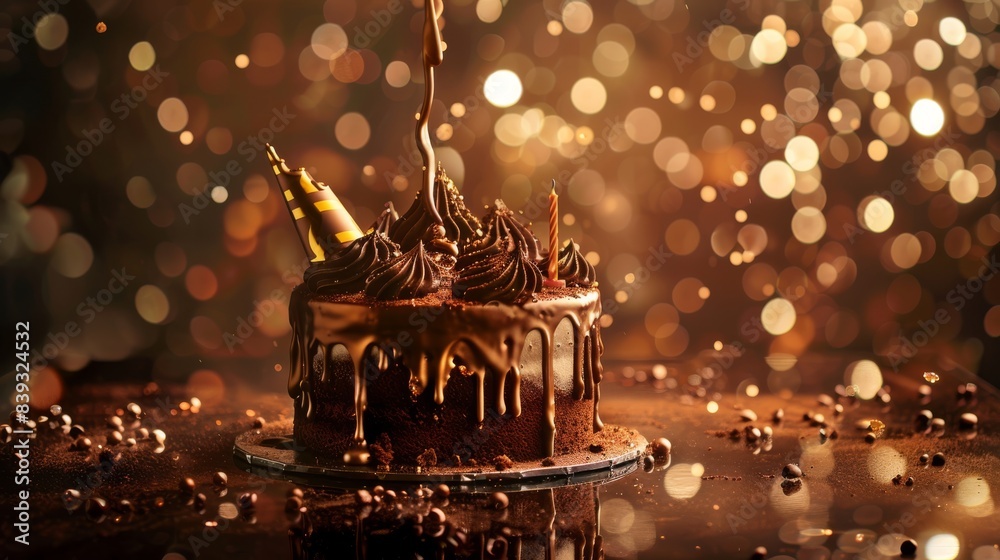 A bronze birthday cake with metallic decorations, set against a shimmering bronze background being poured to create a rich and warm ambiance. A bronze birthday cake with metallic decorations, set against a shimmering bronze background being poured to create a rich and warm ambiance.