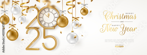 Merry Christmas and Happy New Year banner with hanging gold and white 3d baubles, confetti and 2025 numbers. Vector illustration. Winter holiday decorations, golden vintage clock. Place for text