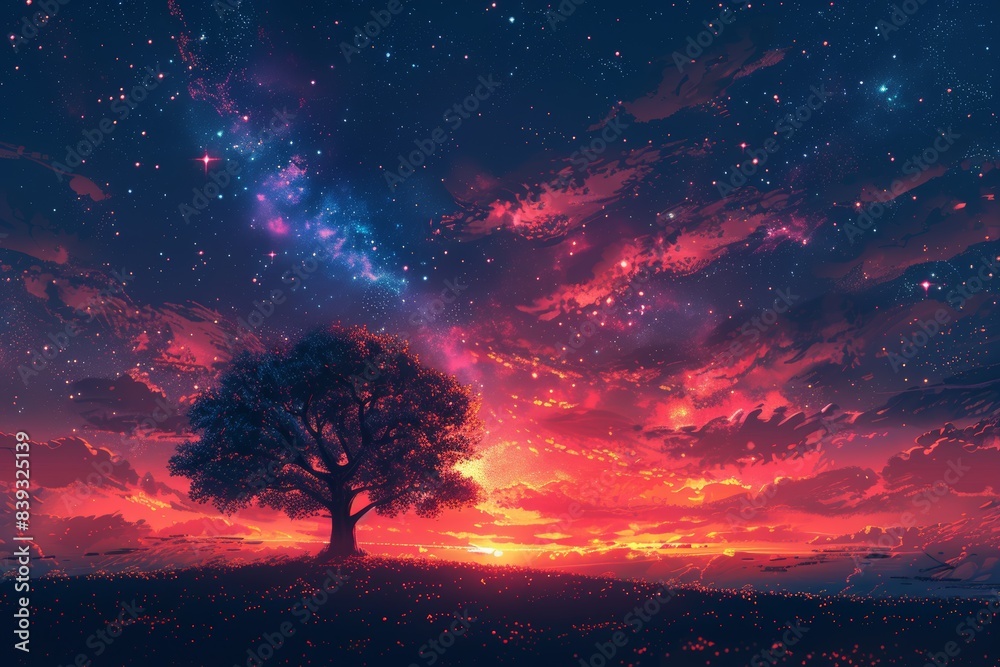 Majestic lone tree under a starburst sunset with vivid colors and a touch of cosmic energy in a digital artwork