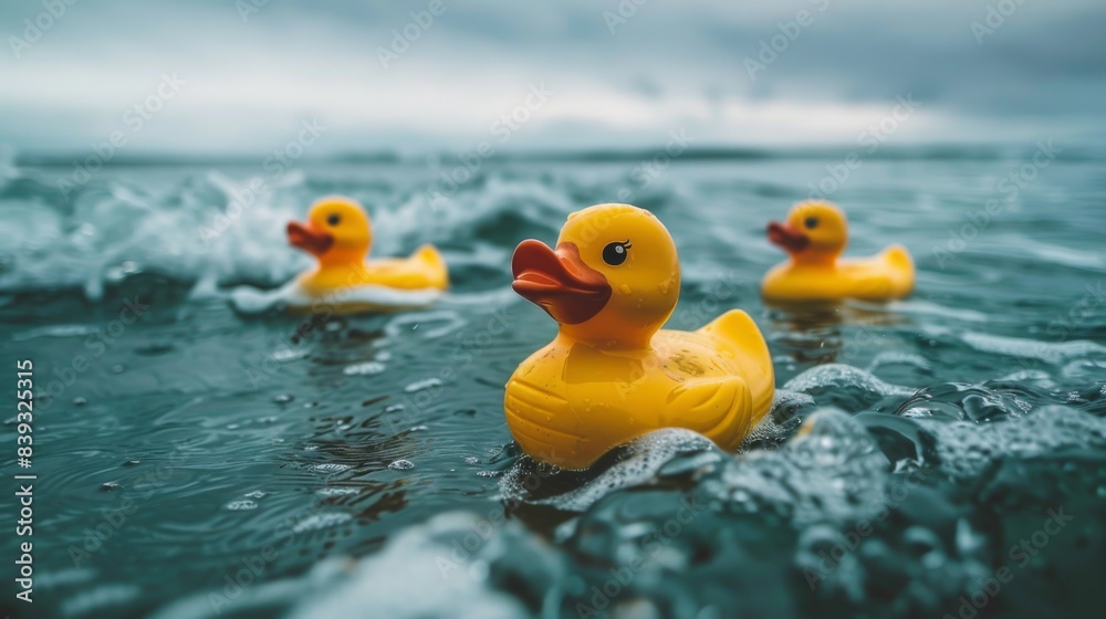 many small yellow rubber ducks float on the water, close up