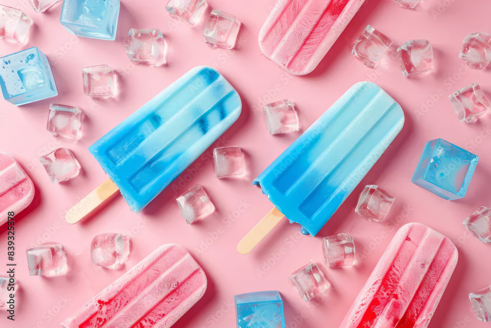 Pink and blue popsicle with fresh ice cubes and waterdrops on pink background. Flat lay, top view, copy space. Natural homemade icecream. Summer concept for banner, poster, web Pink and blue popsicle with fresh ice cubes and waterdrops on pink background. Flat lay, top view, copy space. Natural homemade icecream. Summer concept for banner, poster, web