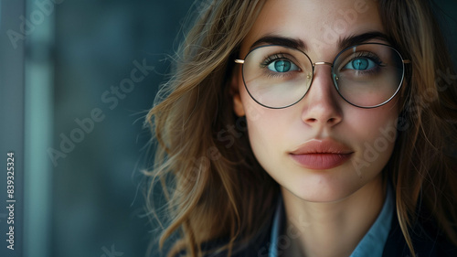 Closeup portrait of a beautiful woman wearing eyeglasses, professional attire