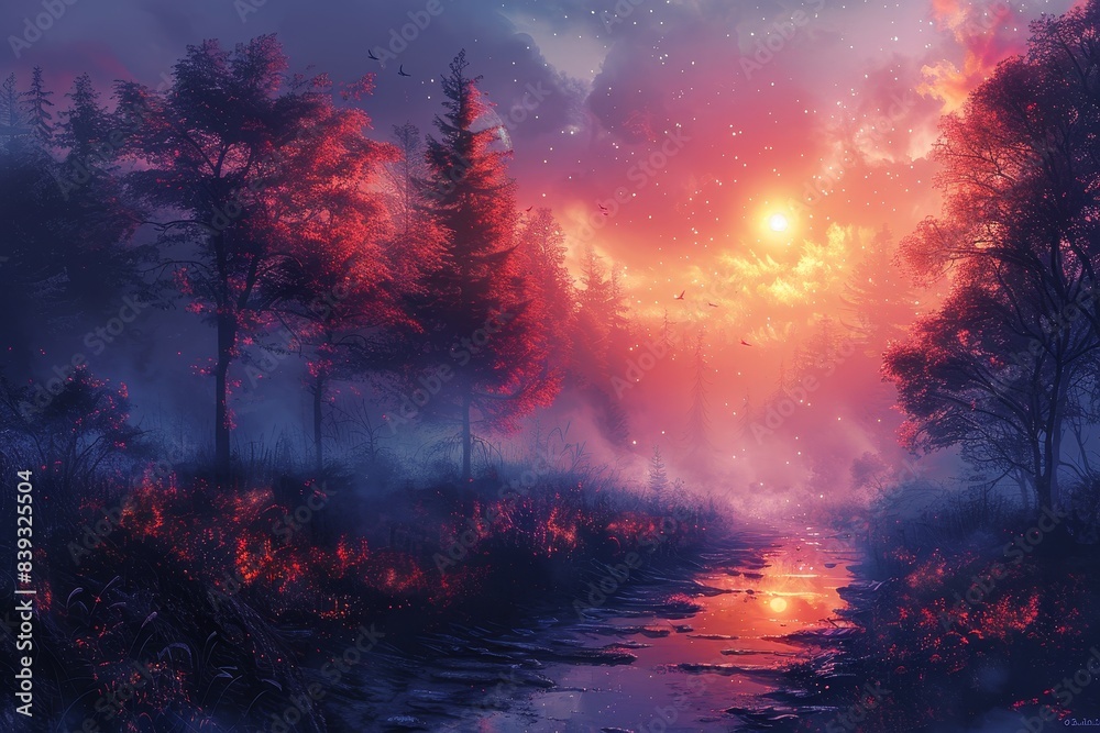A dreamlike landscape with trees silhouetted against a vibrant night sky scattered with stars A dreamlike landscape with trees silhouetted against a vibrant night sky scattered with stars