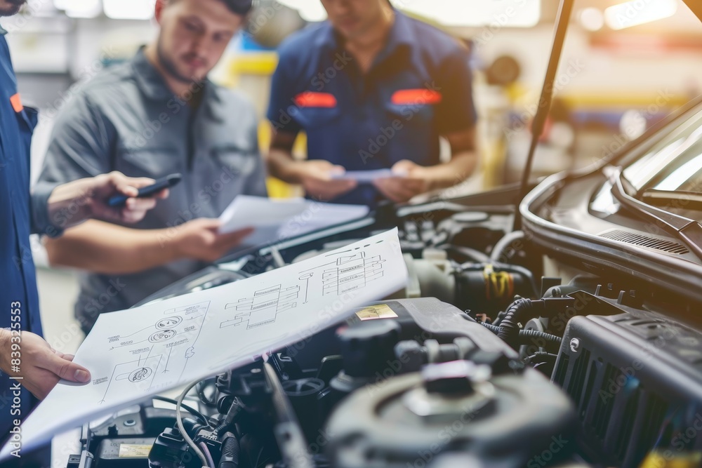 Mechanic Explaining Fuel System Service Benefits to Customer with Diagrams in Auto Shop Mechanic Explaining Fuel System Service Benefits to Customer with Diagrams in Auto Shop