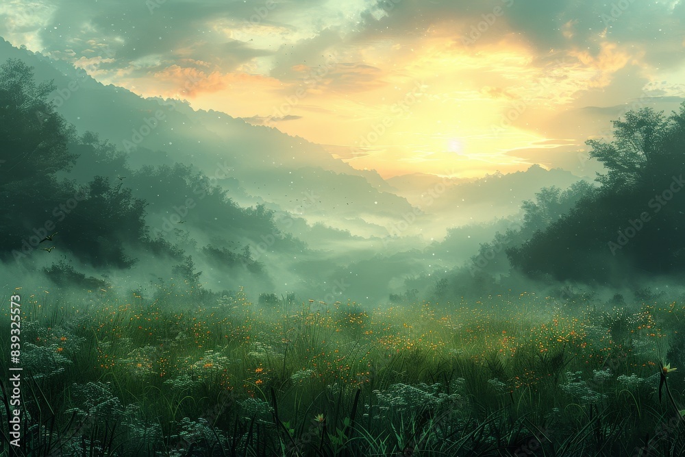 A beautiful sunlit valley filled with wildflowers and mist in this digital landscape A beautiful sunlit valley filled with wildflowers and mist in this digital landscape