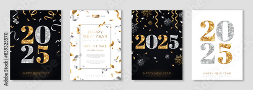 Merry Christmas and New Year posters set with gold and silver confetti, 2025 numbers. Vector illustration. Winter holiday invite, snowflakes and streamers. Minimal flyer, brochure voucher template.