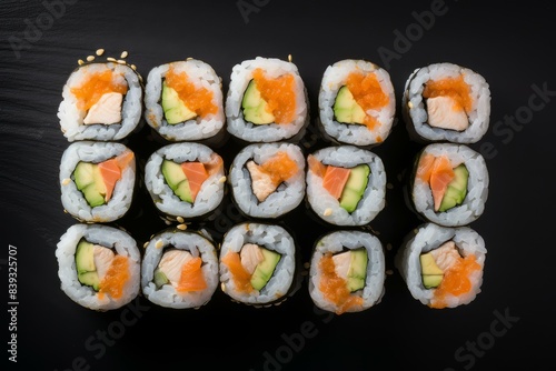 Overhead view of meticulously prepared sushi rolls with salmon and avocado on a sleek black background