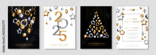 Merry Christmas and New Year posters set with gold and silver bauble, 2025 numbers. Vector illustration. Winter holiday invite, geometric decorations. Minimal flyer, brochure voucher template.
