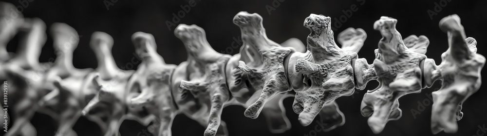 A detailed, high-resolution view of the spine in black and white, showcasing multiple upright curved vertebrae A detailed, high-resolution view of the spine in black and white, showcasing multiple upright curved vertebrae