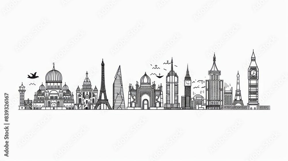 Fototapeta premium A minimalist line art representation of famous landmarks from around the world, arranged in a cohesive composition