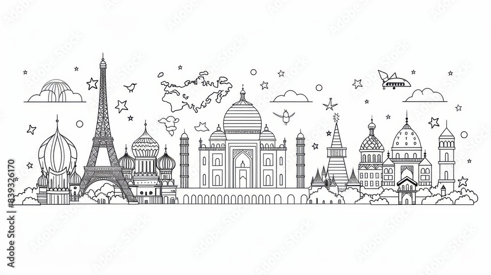 Fototapeta premium A minimalist line art representation of famous landmarks from around the world, arranged in a cohesive composition