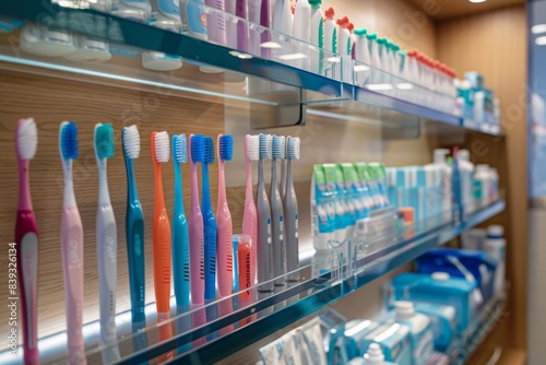 Modern Dentist Office Display with Various Toothbrushes and Dental Care Products for Hygiene Promotion