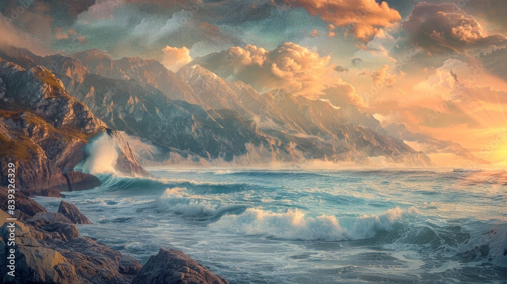 Naklejka premium A striking composition of a serene seascape layered with towering mountain peaks, waves crashing against the rocky shore and mountains fading into the horizon, bathed in golden hour light, multiple ex