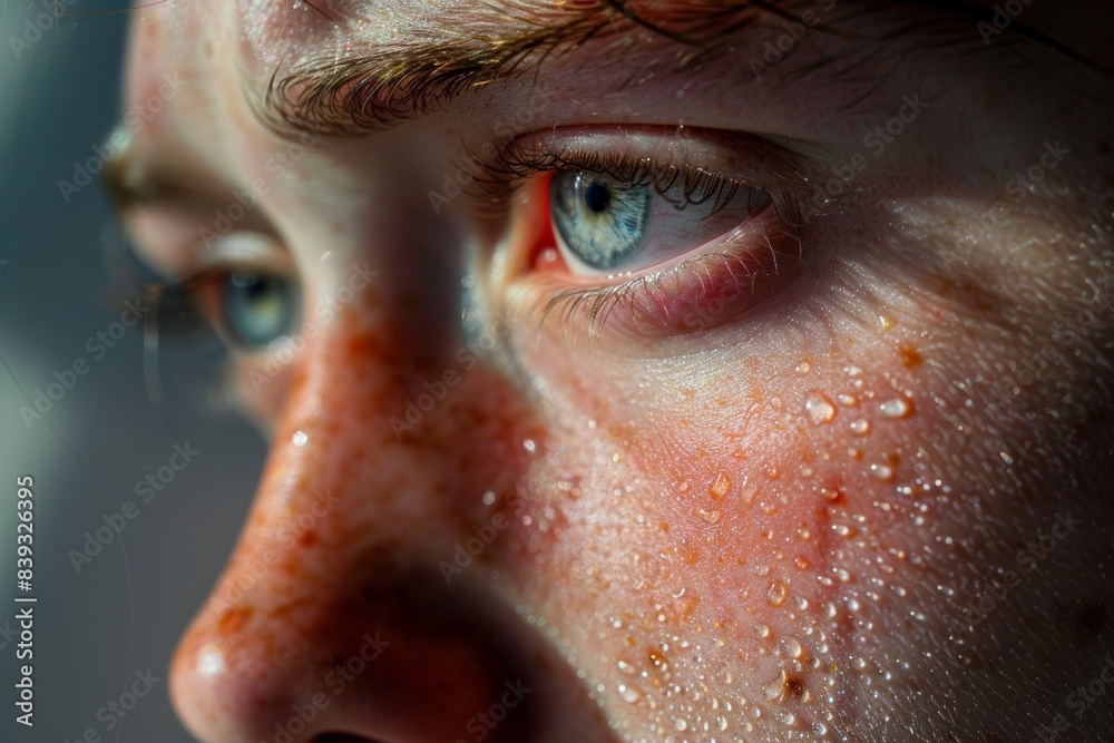 Close-Up of Freckled Face with Beads of Sweat and Blue Eyes Showing Intensity and Emotion Close-Up of Freckled Face with Beads of Sweat and Blue Eyes Showing Intensity and Emotion