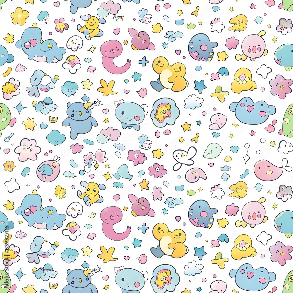 Seamless pattern in children's fantasy style in pastel children's colours, depicts fantasy creatures, Kind children's design,for children's textiles Seamless pattern in children's fantasy style in pastel children's colours, depicts fantasy creatures, Kind children's design,for children's textiles