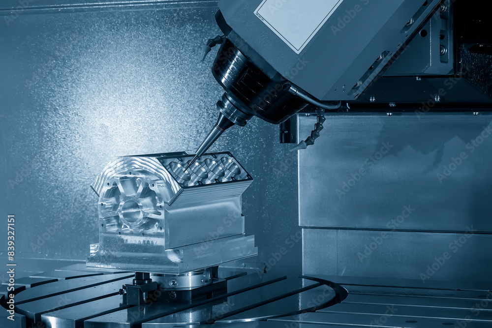 Fototapeta premium The 5-axis machining center cutting the V8 engine cylinder block with solid ball end mill tool.