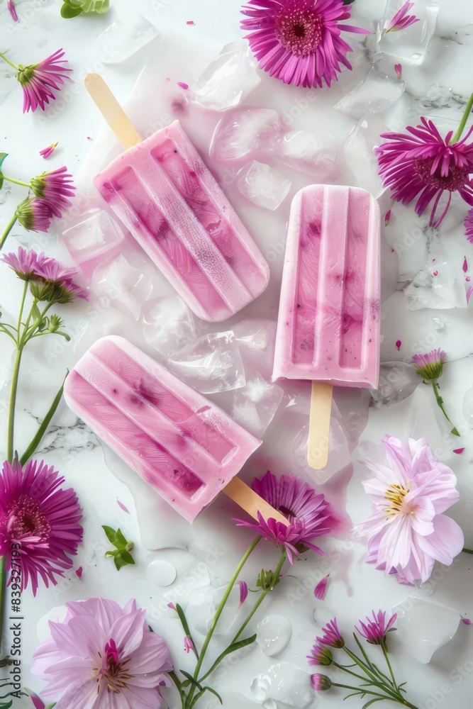 Pink popsicle with fresh flowers, ice cubes and waterdrops on white marble background. Flat lay, top view, copy space. Natural homemade icecream. Summer concept for banner, poster, web Pink popsicle with fresh flowers, ice cubes and waterdrops on white marble background. Flat lay, top view, copy space. Natural homemade icecream. Summer concept for banner, poster, web